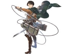  1boy black_eyes black_hair boots brown_footwear brown_jacket cape curtained_hair dual_wielding emblem full_body granblue_fantasy green_cape holding jacket levi_(shingeki_no_kyojin) looking_back male_focus minaba_hideo official_art paradis_military_uniform shingeki_no_kyojin shirt solo survey_corps survey_corps_(emblem) sword three-dimensional_maneuver_gear transparent_background uniform weapon white_shirt 