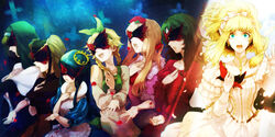  6+girls aohigeko black_hair blonde_hair blue_eyes braid brown_hair buranko_(marchen) cape commentary_request crown dornroschen dress earrings elisabeth_von_wettin feathers flower green_hair habit hair_flower hair_ornament hair_ribbon hand_on_own_chest headdress highres idoko jewelry long_hair maerchen_(sound_horizon) mask multiple_girls music necklace nun nun_(marchen) open_mouth outstretched_arm petals ponytail reaching red_dress red_flower red_rose ribbon rose schneewittchen singing sound_horizon tears twin_braids twintails unworn_mask white_dress yukizen 