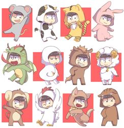  6+boys :&lt; :3 :d :p ;d alternate_costume animal_collar animal_costume animal_ears animal_hood animal_print antennae arms_up bad_id bad_pixiv_id bell black_eyes black_hair blunt_bangs breath_weapon breathing_fire brothers chibi chicken_costume chinese_zodiac claws collar cosplay cow_boy cow_costume cow_ears cow_print cow_tail dog_boy dog_costume dog_ears dog_tail dragon_costume dragon_horns dragon_tail dragon_wings eyebrows fire fur_trim grin half-closed_eyes heart heart_in_mouth highres hood hood_up horns horse_boy horse_costume horse_ears horse_hood horse_tail kigurumi koineko_(aph0310) looking_at_viewer male_focus matsuno_choromatsu matsuno_ichimatsu matsuno_jyushimatsu matsuno_karamatsu matsuno_osomatsu matsuno_todomatsu monkey_costume monkey_ears monkey_tail mouse_costume mouse_ears mouse_tail multiple_boys multiple_views new_year oerba_yun_fang one_eye_closed open_mouth osomatsu-kun osomatsu-san osomatsu_(series) paw_pose pig_costume pig_ears rabbit_costume rabbit_ears rabbit_tail sextuplets sheep_costume sheep_horns siblings smile snake_costume snake_tail tail tiger_costume tiger_ears tiger_print tiger_tail tongue tongue_out wings 