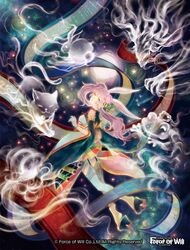  animal_ears ayu_(force_of_will) back commentary_request copyright_name female flower force_of_will hair_flower hair_ornament japanese_clothes long_hair official_art ponytail purple_hair rabbit_ears sandals scroll solo sparkle teeth thighhighs yayoi_shiro yellow_eyes 