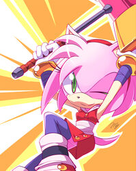  accessory amy_rose anthro black_nose clothed clothing dress eulipotyphlan female footwear gloves green_eyes hair hair_accessory hairband hammer handwear hedgehog hi_res karckade legwear mammal melee_weapon narrow_hips one_eye_closed piko_piko_hammer pink_hair sega short_hair signature smile solo sonic_boom sonic_the_hedgehog_(series) thin_calves thin_legs thin_thighs tools weapon white_clothing white_gloves white_handwear wink 