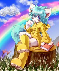  4_fingers 5:6 anthro biped black_nose blue_eyes blue_hair blush book boots bottomless clothed clothing cloud coat fingers flower footwear fur gradient_eyes grass hair hi_res kemono looking_at_viewer male mammal open_mouth outside plant pose rainbow raincoat seedling sitting sitting_on_stump sky smile solo teeth tel-kun tongue topwear tree_stump u_q_ya white_body white_fur yellow_raincoat 