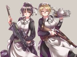  2girls ammunition ammunition_pouch apron ascot assault_rifle ayyh belt belt_pouch black_hair blonde_hair blush bow bowtie breasts brown_eyes bucket buckle bullet bullpup cartridge clip_(weapon) commentary_request cowboy_shot cup dress frilled_dress frills glasses grey_background gun hair_between_eyes hair_ornament hand_up hat highres holding holding_gun holding_tray holding_weapon l85 long_sleeves looking_at_viewer looking_away maid maid_apron medium_breasts mob_cap multiple_girls original plate pouch red_eyes ribbon rifle saucer shell_casing short_hair sidelocks simple_background skirt smile strap tea tea_set teacup teapot tray water weapon white_bow 