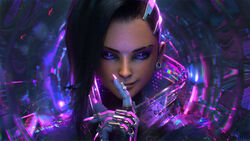  3d asymmetrical_hair black_gloves black_hair claws closed_mouth coat commentary dark-skinned_female dark_skin earrings english_commentary eyelashes eyeliner eyeshadow female finger_to_mouth fingerless_gloves gloves hand_up high_collar highres jewelry lips long_hair looking_at_viewer makeup multicolored_hair nose overwatch overwatch_1 portrait purple_eyes purple_hair realistic shushing sidecut smile solo sombra_(overwatch) stud_earrings two-tone_hair undercut wen_jr 