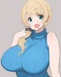  :d aqua_eyes bare_shoulders blonde_hair breasts commentary_request ellen_baker female grey_background hair_ornament hair_scrunchie huge_breasts new_horizon open_mouth poin_(hidsuki) ribbed_sweater scrunchie simple_background sleeveless sleeveless_turtleneck smile solo sweater turtleneck 