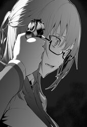  breasts collared_shirt commentary_request female glasses greyscale gun gun_to_head hair_between_eyes handgun hiiragi_yuuichi kakegurui kakegurui_midari large_breasts long_hair long_sleeves monochrome nervous_sweating nureba_ayame open_mouth parted_lips ponytail revolver semi-rimless_eyewear shirt solo sweat under-rim_eyewear upper_body weapon wide-eyed wing_collar 