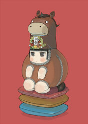  2014 :&lt; animal_costume animal_hat black_hair blank_eyes blush camellia chibi chinese_zodiac commentary_request cushion ebimomo female flower full_body hat horse_costume horse_head horse_tail new_year original pillow red_background rope seiza simple_background sitting solo tail year_of_the_horse zabuton zipper 