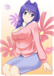  blue_eyes blue_hair braid cardigan commentary_request female hand_on_own_chest kanon long_hair mature_female minase_akiko mottio photoshop_(medium) sitting skirt smile solo 