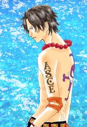  1boy aya freckles jewelry jolly_roger male male_focus necklace one_piece pirate portgas_d_ace solo tattoo topless water whitebeard_pirates 