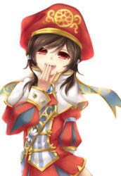  brown_hair commentary covering_own_mouth dragon_nest eileen_(dragon_nest) female fi-san hand_over_own_mouth hat highres long_hair looking_at_viewer open_mouth red_eyes solo transparent_background 