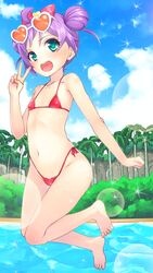  ahoge bikini bow commentary_request day double_bun eyewear_on_head female flat_chest green_eyes hair_bun hairbow heart highres manaka_laala manaka_laala_(young) micro_bikini open_mouth outdoors palm_tree pretty_series pripara purple_hair red_bikini short_hair side-tie_bikini_bottom solo sunglasses swimsuit tree urepito_honke v 