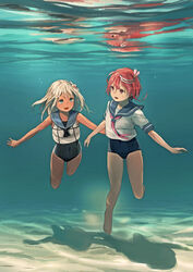  2girls bare_legs barefoot blonde_hair blue_eyes commentary covered_navel flower freediving hair_flower hair_ornament i-58_(kancolle) kantai_collection long_hair looking_at_another multiple_girls neckerchief open_mouth outstretched_arms pink_hair red_eyes reflection ro-500_(kancolle) sailor_collar school_swimsuit shadow shirt short_hair short_sleeves sleeveless sleeveless_shirt smile swimming swimsuit swimsuit_under_clothes tan underwater white_shirt youmak 