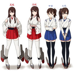  4girls adapted_costume akagi_(kancolle) amagi_(battlecruiser)_(kancolle) bare_shoulders black_thighhighs blue_skirt brown_hair character_name commentary_request crossed_arms detached_sleeves hakama hakama_short_skirt hakama_skirt hands_on_own_hips japanese_clothes kaga_(kancolle) kama_iruka kantai_collection long_hair looking_at_viewer multiple_girls nontraditional_miko original own_hands_together photoshop_(medium) pleated_skirt red_skirt short_hair side_ponytail simple_background skirt thighhighs tosa_(kancolle) translated v_arms white_background white_legwear zettai_ryouiki 