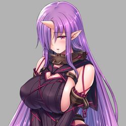  bondage breasts chains demon_girl female female horn huge_breasts lilith-soft long_hair looking_at_viewer nimie nipples no_bra purple_hair saijou_satoru shiny_skin simple_background solo sweater taimanin_(series) taimanin_asagi taimanin_asagi_battle_arena 