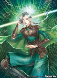  banamons boots braid cape copyright_name earrings electricity force_of_will gill_(force_of_will) jewelry long_hair male_focus official_art protected_link red_eyes solo white_hair 