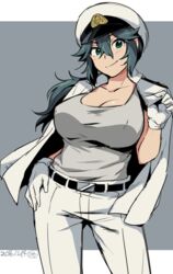  bad_id bad_twitter_id belt breasts cleavage commentary_request dated epaulettes female female_admiral_(kancolle) gloves green_eyes green_hair grey_background hair_between_eyes hand_on_own_hip hat ikeshita_moyuko jacket jacket_on_shoulders kantai_collection large_breasts long_hair low_ponytail military military_hat military_uniform pants peaked_cap shiomi_kaoru smile solo standing tank_top uniform white_gloves white_jacket white_pants 