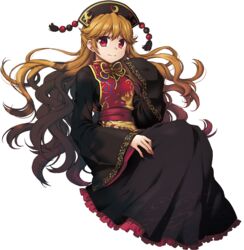  ayami_chiha black_dress blonde_hair bow chinese_clothes dress female full_body hat junko_(touhou) long_hair long_sleeves looking_at_viewer red_eyes ribbon smile solo touhou transparent_background wide_sleeves 