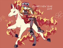  2014 bangle black_thighhighs blonde_hair blue_eyes bracelet chinese_zodiac collared_shirt commentary_request dadadanoda eyewear_on_head female fiery_hair fire full_body happy_new_year hat horns horse horseback_riding jewelry long_hair low_ponytail new_year pleated_skirt pokemon pokemon_(creature) pokemon_xy rapidash red_background riding riding_pokemon serena_(pokemon) shirt shoes simple_background single_horn skirt sleeveless smile sunglasses thighhighs year_of_the_horse 