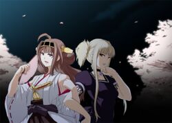  2girls ahoge aoki_hagane_no_arpeggio blonde_hair brown_hair cherry_blossoms choker commentary_request crossover detached_sleeves hand_fan japanese_clothes jewelry kantai_collection kongou_(aoki_hagane_no_arpeggio) kongou_(kancolle) lipstick locked_arms makeup multiple_girls name_connection necklace nontraditional_miko open_mouth puffy_short_sleeves puffy_sleeves purple_eyes purple_lips red_eyes ribbon-trimmed_sleeves ribbon_trim short_sleeves twintails wide_sleeves yume_developing 