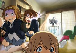  5girls akiyama_mio animal_ears autodefenestration bad_id bad_pixiv_id black_hair blue_eyes book breaking_through_window broken_glass brown_hair cat_ears commentary curtains death_devil ghost glass guitar hair_ornament hairband hairclip hashiribe_akira hirasawa_yui indoors instrument jumping k-on! kotobuki_tsumugi multiple_girls o_o pantyhose photoshop_(medium) pleated_skirt railing room running sakuragaoka_high_school_uniform scared school_uniform skirt socks tainaka_ritsu tears television track_suit when_you_see_it window yamanaka_sawako 