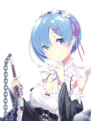  bad_id bad_pixiv_id ball_and_chain_(weapon) black_bow blue_eyes blue_hair bow breasts chains cleavage collar commentary detached_collar detached_sleeves female flower frilled_collar frilled_sleeves frills hair_flower hair_ornament hair_over_one_eye hand_on_own_chin hands_up holding holding_weapon large_breasts loup maid maid_headdress puffy_sleeves purple_ribbon re:zero_kara_hajimeru_isekai_seikatsu rem_(re:zero) ribbon roswaal_mansion_maid_uniform short_hair simple_background smile solo spiked_ball_and_chain upper_body weapon white_background white_flower wide_sleeves x_hair_ornament 