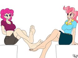  4:3 alternate_species big_breasts bottomwear breasts bronypanda clothing eyeshadow feet female foot_fetish friendship_is_magic hair hasbro human humanized makeup mammal mrs._cake_(mlp) my_little_pony paws pink_eyes pink_hair pinkie_pie_(mlp) shorts skirt 