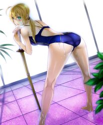  ahoge artoria_pendragon_(fate) ass back bad_id bad_pixiv_id bare_legs bare_shoulders barefoot blonde_hair blush breasts butt_crack competition_swimsuit fate/zero fate_(series) female floor from_behind green_eyes indoors kneepits leaning_forward lips looking_back medium_breasts midriff official_alternate_costume one-piece_swimsuit plant ponytail saber_(fate) saber_(summer_battle_clothes)_(fate) sakichi shinai solo sweat sweatdrop swimsuit sword water water_drop weapon 