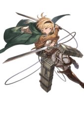  action attack blonde_hair brown_eyes brown_jacket cape cosplay djeeta_(granblue_fantasy) dress_shirt dual_wielding emblem female full_body granblue_fantasy green_cape holding holding_sword holding_weapon jacket looking_at_viewer military military_uniform minaba_hideo official_art open_clothes open_jacket pants paradis_military_uniform shingeki_no_kyojin shirt short_hair solo survey_corps survey_corps_(emblem) sword three-dimensional_maneuver_gear transparent_background uniform weapon white_pants white_shirt 