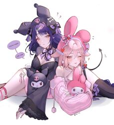  ? ?? absurdres animal_ear_hood animal_ears black_thighhighs blush bow bow_legwear breasts bridal_gauntlets cleavage commentary earrings english_commentary english_text fake_animal_ears food-themed_hair_ornament fox_ears fox_girl genshin_impact hair_ornament heart highres hood jewelry kuromi long_sleeves my_melody one_eye_closed onegai_my_melody pink_bow pink_hair pink_sleeves purple_bow purple_eyes purple_hair purple_sleeves raiden_shogun raii_0103 sanrio sitting smile tail thighhighs yae_miko 