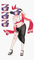  absurdres aroevela bikini black_sarong expression_chart female hat highres midriff nagae_iku purple_hair red_eyes red_scarf ribbon sarong scarf short_hair simple_background solo sunglasses swimsuit touhou white_background white_hat 