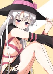  1230_mochi :&lt; ayachi_nene bare_shoulders belt belt_bra black_cape black_cloak black_hat black_skirt blush bow breasts cape cleavage cloak commentary_request curvy detached_sleeves female from_side grey_hair hair_between_eyes hair_ornament hairband hand_on_headwear hand_up hat hat_bow highres holding holding_hat holding_unworn_clothes jewelry knees_up large_breasts long_hair long_sleeves looking_at_viewer microskirt miniskirt necklace pink_belt pink_ribbon pleated_skirt purple_eyes ribbon sanoba_witch simple_background sitting skirt solo stomach straight_hair thighs translation_request underboob v-shaped_eyebrows very_long_hair witch witch_hat yellow_hairband yellow_ribbon 