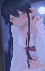  all_fours alternate_costume azuki-iro breasts closed_eyes female full_body hair_down hashtag-only_commentary highres houshou_(kancolle) japanese_clothes jewelry kantai_collection kimono medium_breasts night ring shouji sliding_doors smile solo wedding_ring yukata 