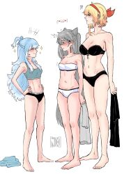  3girls black_bra black_panties blonde_hair blue_eyes blue_hair blush bra braid cone_hair_bun frilled_bra frills grey_hair hair_bun highres holding hololive hololive_indonesia jasper_xandros kaela_kovalskia kobo_kanaeru lace-trimmed_bra lace_trim long_hair medium_hair multicolored_hair multiple_girls navel panties red_eyes smug standing toned toned_female training_bra two-tone_hair underwear underwear_only vestia_zeta virtual_youtuber white_background white_bra white_hair white_panties 