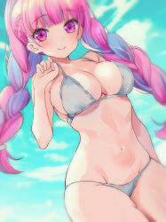  bare_shoulders bikini bikini_pull blue_sky blush braid breasts clothes_pull colored_inner_hair day female groin hairband highres hololive large_breasts long_hair looking_at_viewer minato_aqua multicolored_hair navel nta_(n_tan2) pink_eyes pink_hair pulling_own_clothes purple_hair purple_hairband sky solo stomach streaked_hair swimsuit thighs twin_braids twintails two-tone_hair virtual_youtuber white_bikini 