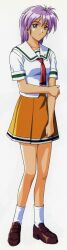  1990s_(style) bare_legs female full_body green_eyes hibikino_high_school_uniform kokura_masashi loafers necktie official_art orange_skirt purple_hair retro_artstyle scan school_uniform shoes short_hair skirt smile socks solo tachi-e tokimeki_memorial tokimeki_memorial_2 yae_kaori 