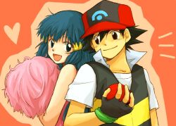  1boy alternate_costume back-to-back baseball_cap black_hair blonde_hair blue_eyes blue_hair blush cheerleader commentary_request dawn_(pokemon) female fingerless_gloves gloves hair_ornament hairclip hat holding holding_poke_ball open_mouth poke_ball poke_ball_(basic) pokemon pokemon_(anime) pokemon_dppt_(anime) pom_pom_(cheerleading) raku_(rairaku345) satoshi_(pokemon) short_hair smile 