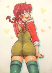  ass bad_id bad_pixiv_id bandana blue_eyes braid dress female heart hibiki_yoiko highres looking_back oerba_yun_fang open_mouth ranma-chan ranma_1/2 red_hair saru_(3623rock) solo thighhighs traditional_media twin_braids 