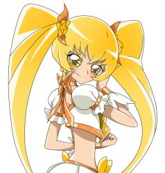  blonde_hair bow choker commentary_request cure_sunshine female hair_ribbon heartcatch_precure! long_hair looking_back magical_girl midriff myoudouin_itsuki orange_bow orange_choker photoshop_(medium) precure ribbon sinko_(sinsin) smile solo twintails umakoshi_yoshihiko_(style) wrist_cuffs yellow_eyes 