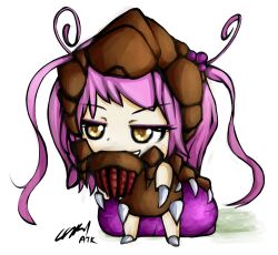  ahoge atk402 chibi claws eyelashes eyeshadow female grin infestor_(starcraft) long_hair looking_away lowres makeup monster_girl naughty_face personification purple_hair signature simple_background smile solo standing starcraft tentacle twintails two_side_up very_long_hair white_background yellow_eyes zerg_(starcraft) 