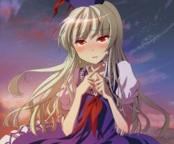  bad_id bad_pixiv_id blue_dress blush dress female grey_hair hands hat highres kamishirasawa_keine long_hair mimika_(puetilun) red_eyes sky solo sunset tears touhou upper_body wavy_mouth x_fingers 