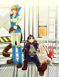  1boy 2girls animal_hood barefoot belt boots breath_of_fire breath_of_fire_v cat_hood commentary_request dress elbow_gloves gloves green_hair gun highres hood knee_boots lin_(breath_of_fire) multiple_girls nina_(breath_of_fire_v) nyantiu orange_hair red_wings ryuu_(breath_of_fire_v) short_hair smile tail tears weapon wings 