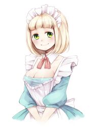  anz_(starry) ao_no_exorcist apron bad_id bad_pixiv_id blonde_hair blush breasts cleavage female green_eyes highres large_breasts maid_headdress moriyama_shiemi photoshop_(medium) short_hair simple_background smile solo white_background 