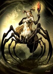  arabian_mythology arachne arthropod_girl blonde_hair breasts commentary elbow_gloves english_commentary extra_eyes female full_body genzoman gloves groin jewelry large_breasts long_hair looking_at_viewer mitos_y_leyendas monster_girl necklace photoshop_(medium) red_eyes signature skull smile solo spider_girl staff taur very_long_hair witch 