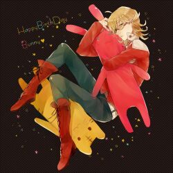  1boy ahoge asuda bad_id bad_pixiv_id barnaby_brooks_jr. belt birthday blonde_hair boots glasses green_eyes hug jacket male_focus red_jacket solo studded_belt stuffed_animal stuffed_rabbit stuffed_tiger stuffed_toy tiger_&amp;_bunny 