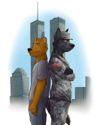  2011 9/11 american_flag anthro back_to_back better_version_at_source canid canine canis clothing duo flag hat headgear headwear looking_at_viewer lupine_assassin male mammal military military_uniform real_world samaralab soldier twin_towers uniform united_states_of_america warrior wolf 