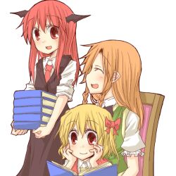  3girls :d ^_^ bat_wings blonde_hair blush book bow braid brown_hair carrying chair china_dress chinese_clothes closed_eyes commentary_request dress dress_shirt flandre_scarlet hairbow hands_on_own_cheeks hands_on_own_face happy head_rest head_wings hong_meiling koakuma long_hair multiple_girls natsuk necktie no_headwear open_book open_mouth reading red_eyes red_hair red_necktie shirt side_ponytail simple_background sitting sitting_on_lap sitting_on_person smile touhou twin_braids vest white_background wings 