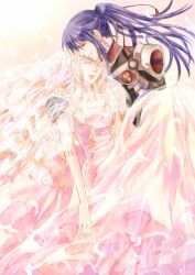  1boy armor blonde_hair blue_hair carrying closed_eyes commentary_request dress earrings female gloves jewelry kaoru long_hair macross macross_frontier macross_frontier:_sayonara_no_tsubasa military military_uniform pilot_suit princess_carry s.m.s. saotome_alto sheryl_nome smile uniform wedding_dress 