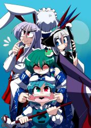  5girls ^_^ animal_ears blue_eyes blue_hair breasts closed_eyes commentary_request detached_sleeves frog ghost green_hair grey_hair hair_ornament hair_ribbon hair_tubes hairband heterochromia hitodama izayoi_sakuya karakasa_obake katana kieyza kochiya_sanae konpaku_youmu konpaku_youmu_(ghost) long_hair maid maid_headdress medium_breasts multiple_girls necktie open_mouth purple_hair rabbit_ears red_eyes reisen_udongein_inaba ribbon short_hair skirt smile snake sword tatara_kogasa tongue touhou umbrella very_long_hair weapon 