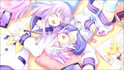  2girls choujigen_game_neptune choujigen_game_neptune_mk2 closed_eyes compile_heart game_cg highres idea_factory laughing long_hair multiple_girls nepgear neptune_(choujigen_game_neptune) neptune_(series) pink_hair pocky purple_heart purple_sister siblings sisters striped striped_legwear thighhighs tsunako yuri 