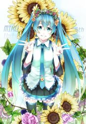  aqua_eyes aqua_hair commentary_request detached_sleeves double_v female flower grin hatsune_miku head_wreath highres long_hair necktie painttool_sai_(medium) retsuna skirt smile solo sunflower thighhighs twintails v very_long_hair vocaloid 